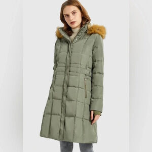 NWT Orolay Long Faux Fur Hooded Down Coat in Armygreen size XS